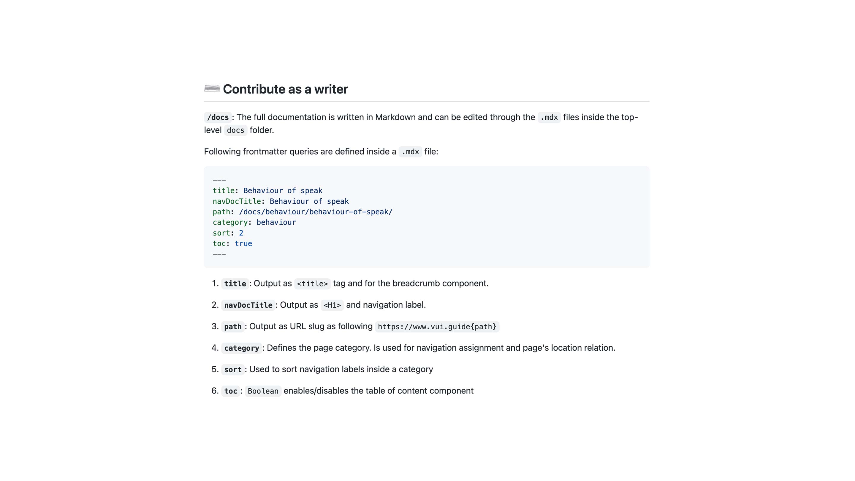Excerpt from the Github documentation on how to contribute to VUI Guide.